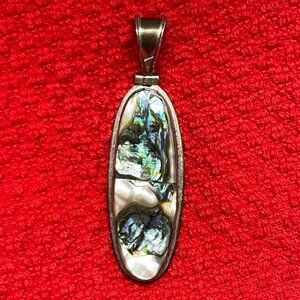 ATI MEXICO?? Abalone Shell Inlay Long Oval Pendant 925 Sterling Silver